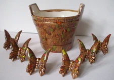 Vintage Ceramic pot & 6 matching butterflyl Beads for Macrame crafts