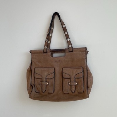 LOEWE Vintage Brown Leather Tote Bag Rigid Handle Double Strap Cargo Pockets