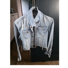 Women's Blue Cropped Jean Jacket Size S Button Front Distressed Collared Pockets