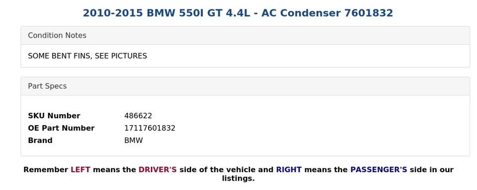 2010-2015 BMW 550I GT 4.4L - Condensador CA 7601832 - Imagem 4 de 4