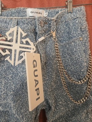 GUAPI Men's Blue Light Wash Denim Skinny Jeans Slim Fit Chain Logo