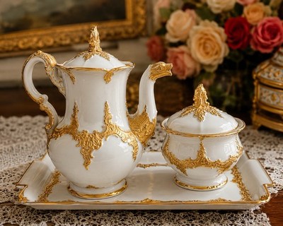 Antique Meissen B-Form 3 Pc Porcelain Coffee Tea Set Gilt Pot Sugar Tray 19th C