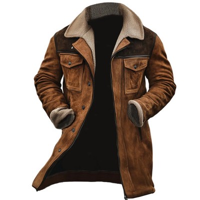 Winter Fleece Mens Trench Coats Vintage Patchwork Fashion Multi Pockets Long Jac