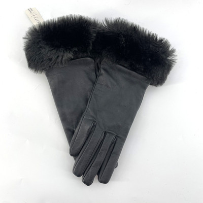 Leather Gloves Women M Faux Fur Trim Black Classic Vintage Glam Elegant WHBM