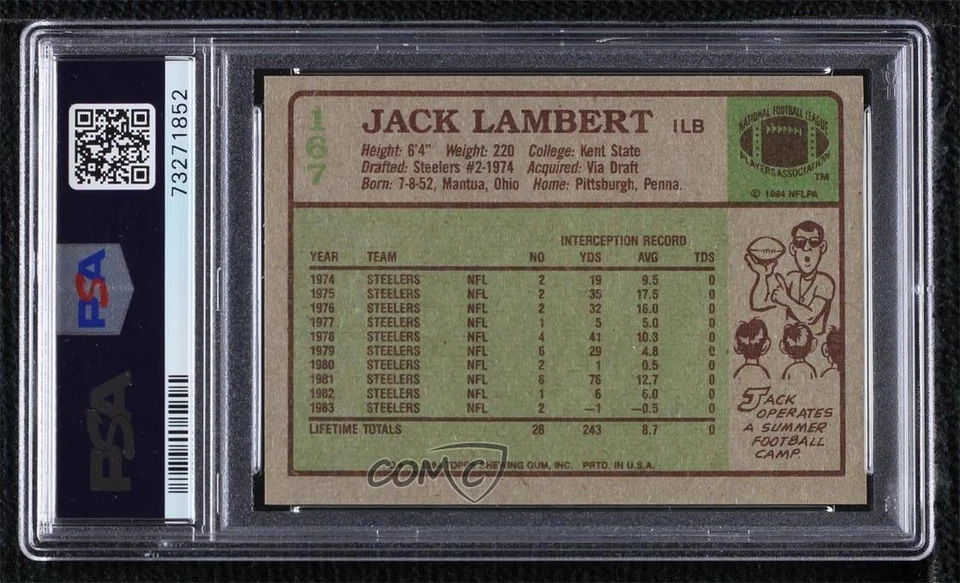 1984 Topps Jack Lambert #167 PSA 8 HOF - Image 2 of 2
