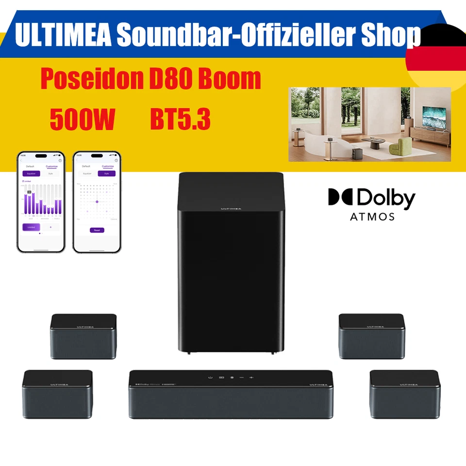 Ultimea 7.1 Dolby Atmos Soundbar mit Wireles Subwoofer & Rear Lautsprecher 500W