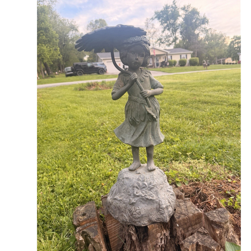 Small Gray Bronze Girl Holding Umbrella Statue, Weatherproof Patina Outdoor