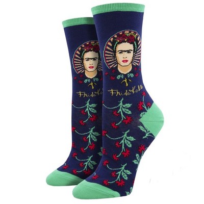Socksmith Women's Crew Socks Flowers Frida Kahlo Portrait Blue Novelty Footwear