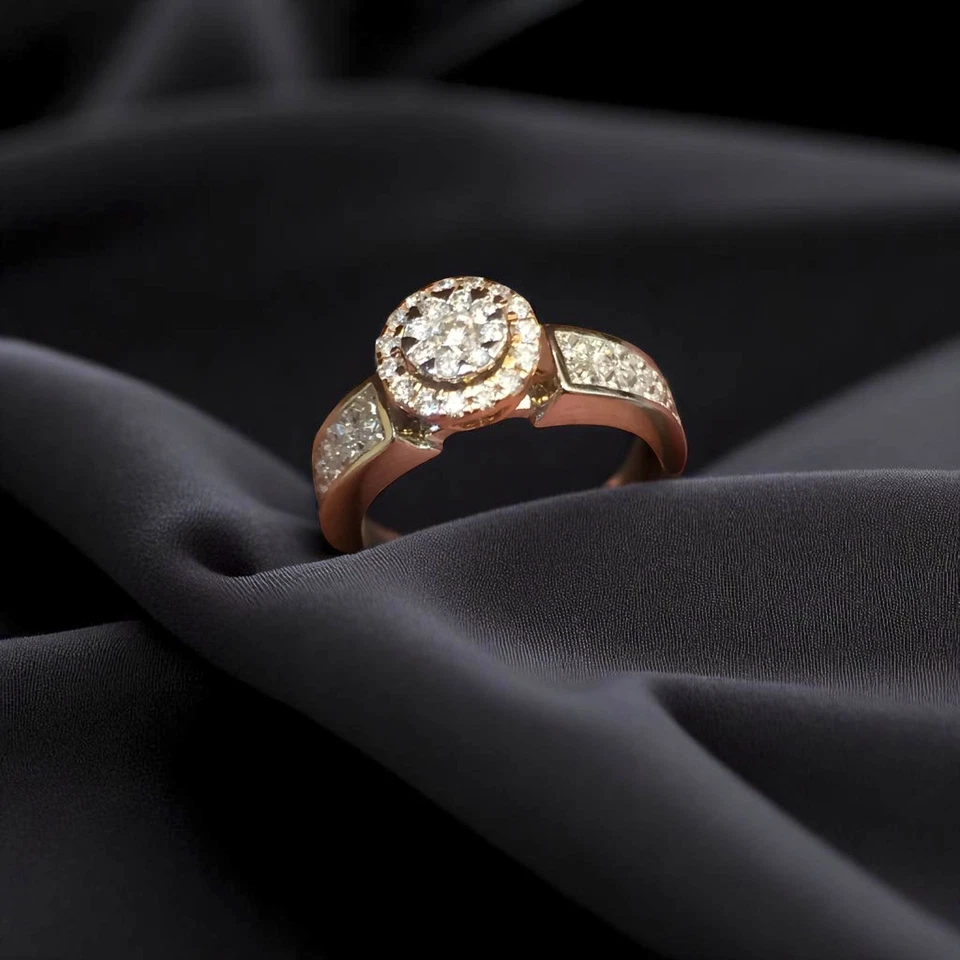 Anillo de aniversario pavé 1,07 TCW princesa corte redondo diamantes naturales halo oro 14K Foto 2 de 4