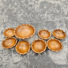 Vintage Woodcraftery wooden bowl set 1 large 7 small scalloped edges MCM