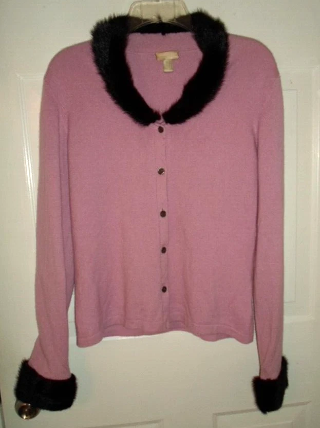 Nordstrom розовый 100% кашемир кардиган свитер с подлинный норковый воротник и манжеты MED - Изображение 4 из 4