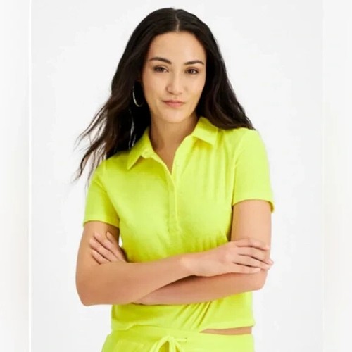 LOVE, FIRE Neon Yellow Terry Cloth Polo Shirt In Sulphur Spring Size S NEW - Picture 2 of 5