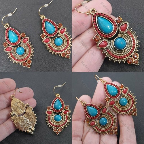 MULTI jewel EARRINGS gold/silver fashion FAUX GEMSTONE ethnic bead BEADED drop - Picture 2 of 28
