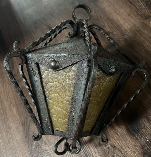 Arts & Crafts Era Twisted Wrought Iron Exterior Ceiling Lantern Pair  As Is - Picture 6 of 14