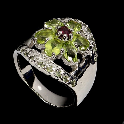 925 Sterling Silver Ring Oval Peridot Rhodolite Natural Gemstone Jewelry - Picture 2 of 13