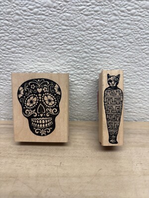 Mixed Brands Set Of 2 Wood Mounted Rubber Stamps Skull & Mummy Cat