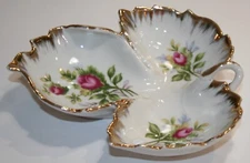 VTG Lefton 3 Section Candy/Nut/Tidbit Dish VIOLETS Hand Painted Scalloped Edge