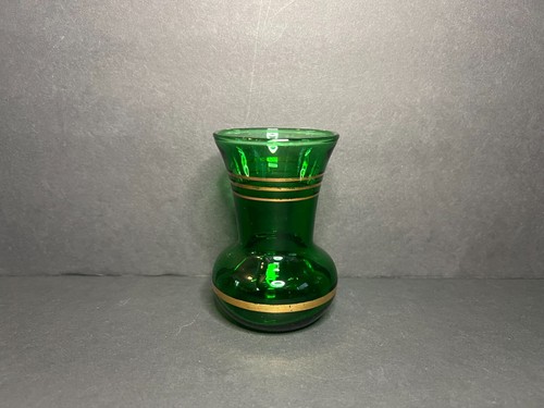 Jarrón vintage MCM Anchor Hocking verde esmeralda y dorado a rayas 3,75 x 2,5"