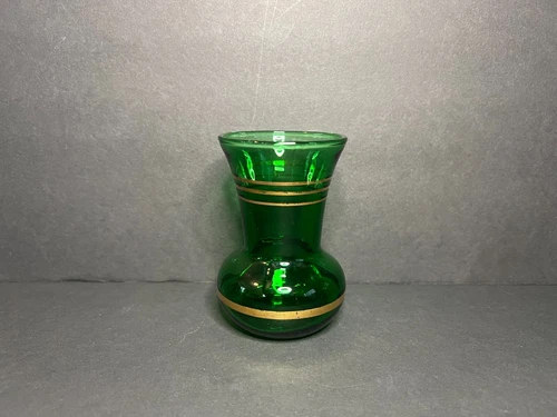 Vintage MCM Anchor Hocking Emerald Green & Gold Striped Bud Vase 3.75 x 2.5"