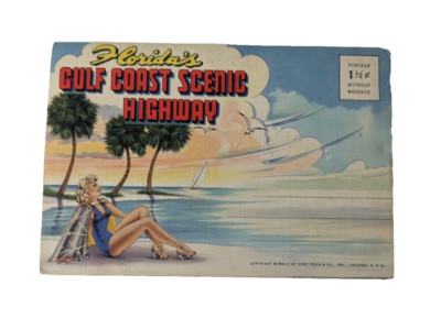 VINTAGE-POSTCARD FOLDER-FLORIDA'S GULF COAST SCENIC HIGHWAY 1942 Curt Teich
