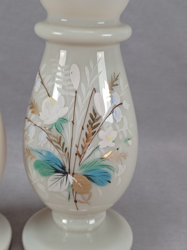 Pair of Bohemian Hand Enameled Floral & Gold Dark Custard Glass Vases C. 1880s - Picture 6 of 11