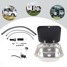 RV Caravan Camper Sink Stainless Steel Hand Wash Basin & Glass Lid & Faucet