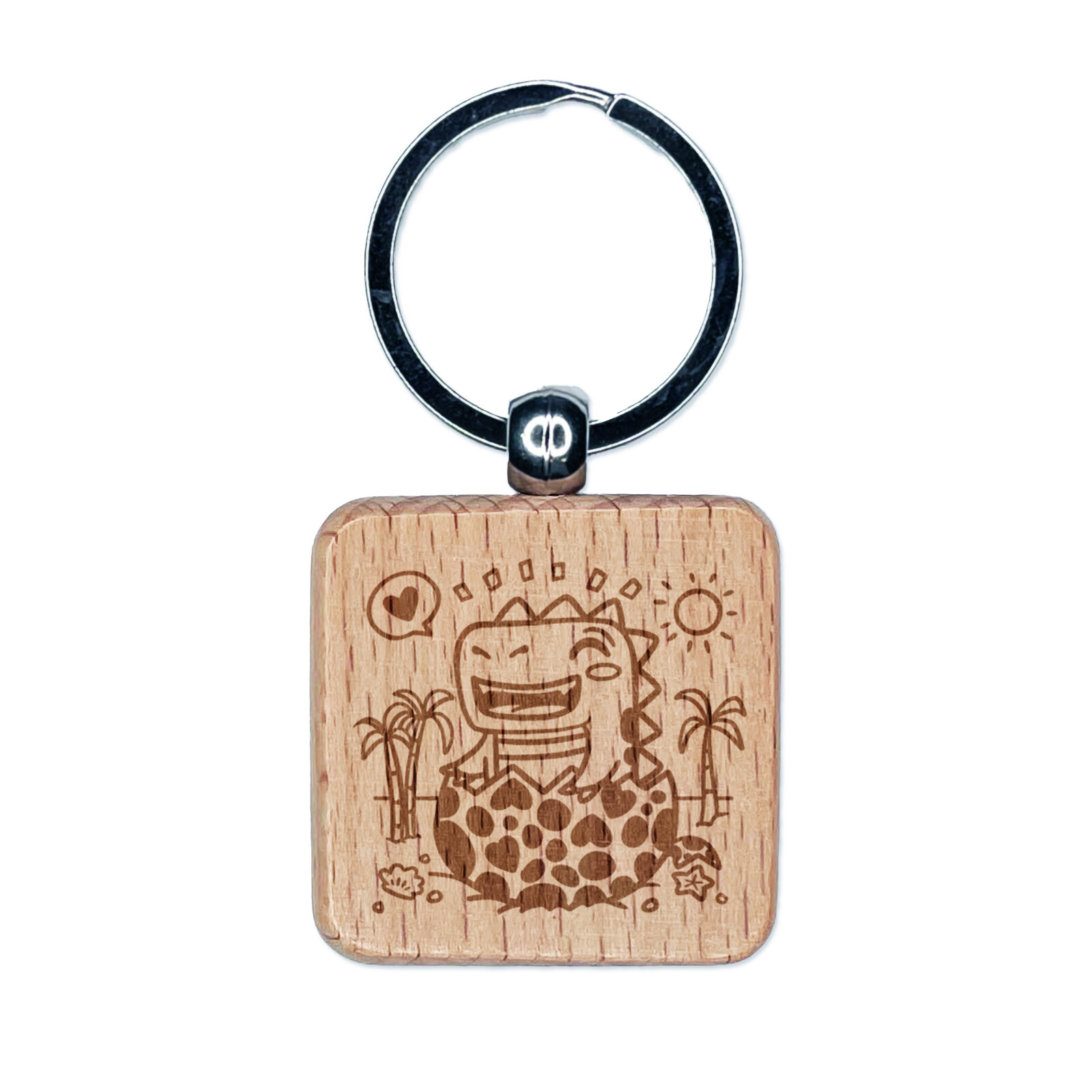 Baby Dinosaur Hatchling on Beach Engraved Wood Square Keychain Tag Charm