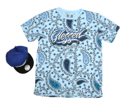 Hustle OG Clothing Mens Blue Blessed Short Sleeve Graphic T-Shirt Match Hat XL