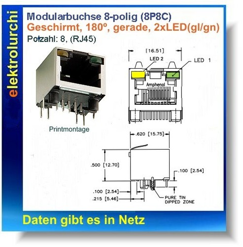 Modular Buchse RJ45 2x LED´s 8P8C, 90º geschirmt Amphenol, 1St. - Bild 2 von 2
