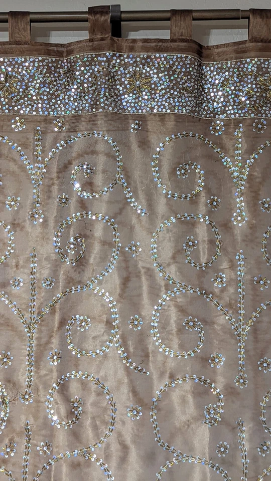 Panel de cortina marrón transparente con cuentas - tratamiento de ventana indio bordado a mano 92" Foto 3 de 4