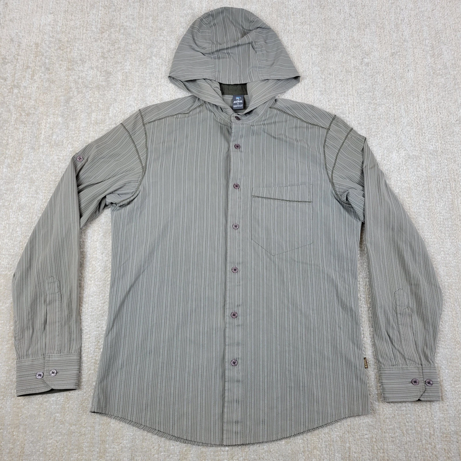 Kuhl Shirt Mens S Gray Striped Hooded Vented Button Up Fishing Hiking UPF