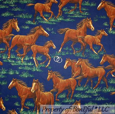 BonEful Fabric FQ Cotton Quilt Blue Sky Green Grass Wild Brown Horse Scenic Farm