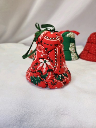 Vintage Christmas Patchwork Quilted Styrofoam Bells Set of 4 3 3/4” Tall Granny - Picture 2 of 7