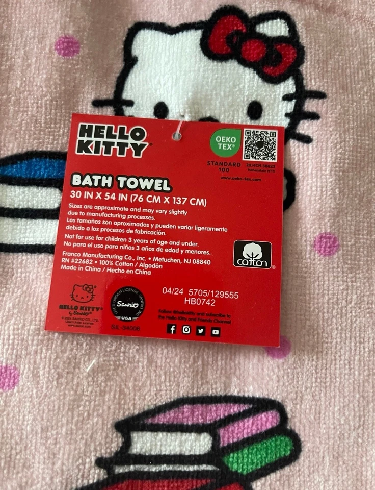 Juego de 4 toallas de baño y mano Hello Kitty - Libros de regreso al cole - Nuevo con etiquetas Sanrio Foto 4 de 4