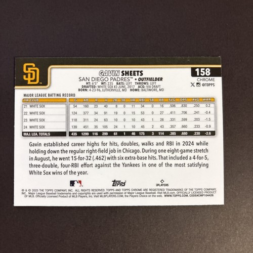 2025 Topps Chrome - Gavin Sheets #158 Negative Refractor - Bild 2 von 2