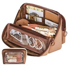 Large Pencil Pouch Big Capacity Aesthetic Pen Cosmetic Bag Organizer Brown