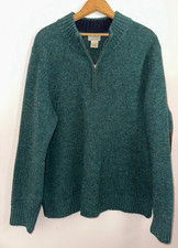 L.L. BEAN M's 1/4 zip Shetland Wool sweater L Reg Fir green Elbow patches EUC