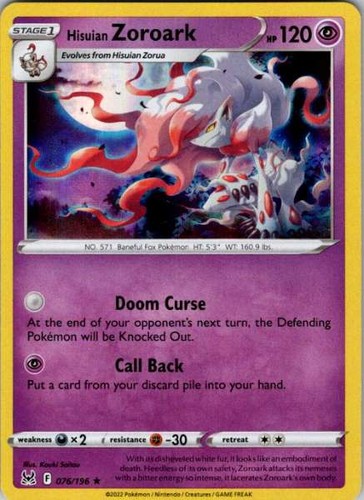 Hisuian Zoroark 076/196 Lost Origin Rare Holo NM Pokemon TCG