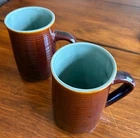 2 Vintage 1950's  Red Wing Pottery Coffee Mugs Brown Glaze Teal Interior 5" Tall