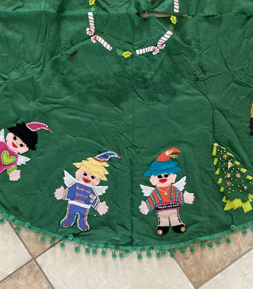 Винтажная юбка Bucilla Elf's Santa Christmas TREE ручная строчка бисер блестки войлок 55 дюймов - Изображение 2 из 4