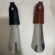 2pc Stainless Steel Shoe Horns with Leather Handle/Loop, Black  Brown