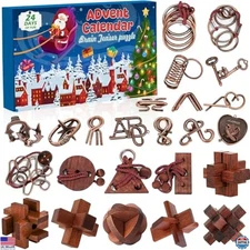 2025 Advent Calendar Brain Teaser - 24 Metal Puzzle Rings & Wooden Games Set