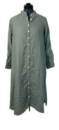 Dainty Jewells Holland Adventure Dress Sage Linen Button Up Ruched Sleeve Midi M - Picture 2 of 15