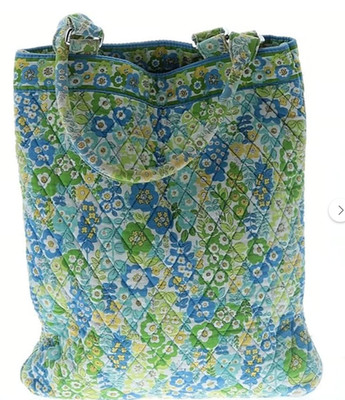Vera Bradley Quilted Cotton Tote Bag |Blue Green Floral Print - Zip Top