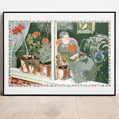 Kunstdruck John Nash Fensterpflanzen mit Katze Poster Giclée Galerie Wandbild