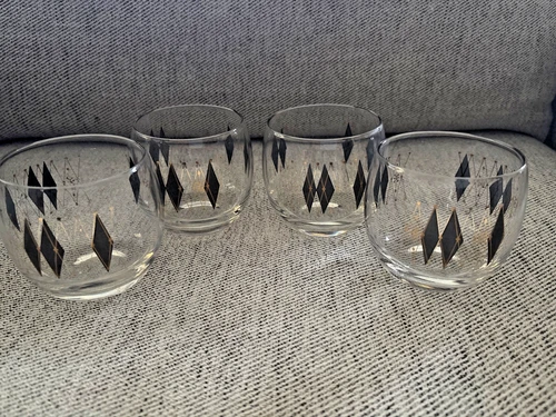 Federal Black Diamond Harlequin Roly Poly Glass Barware MCM Vintage Black Gold 4