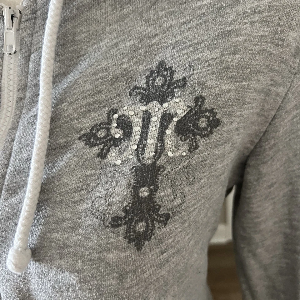 Miss Me Rhinestone Cross Hoodie Gray Zip Up Sweatshirt Women’s Medium USA - Image 3 of 4