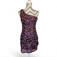Lulus One Shoulder Sequin Dress Purple Pink Abstract Geometric Bodycon Med new