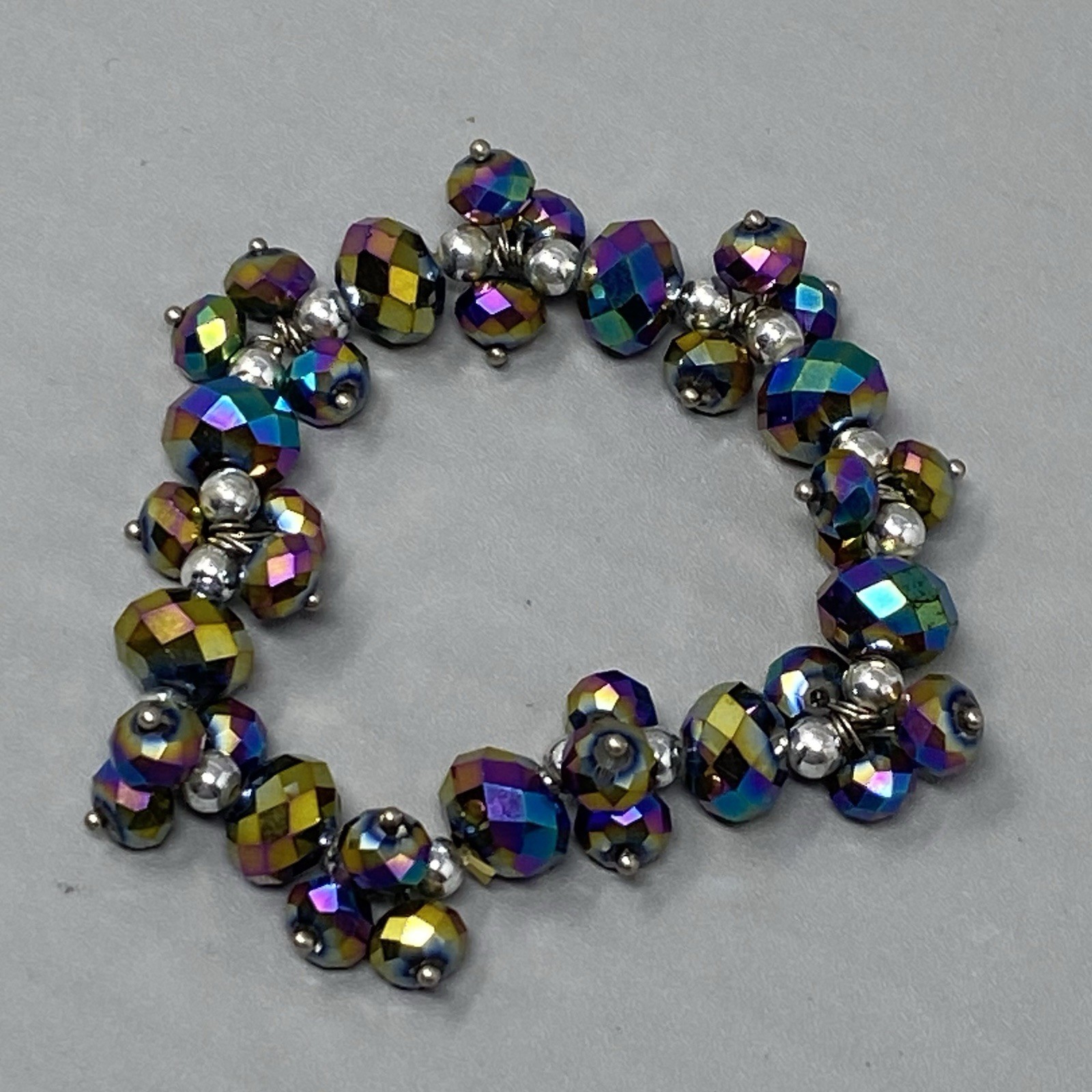 Glass Bead Bracelet Iridescent Peacock Metallic Aurora Borealis Coated Stretch 6