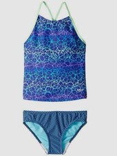 129 Speedo Girls' Blue Print High Neck Thin Tankini Two-Piece Swimsuit Size 14